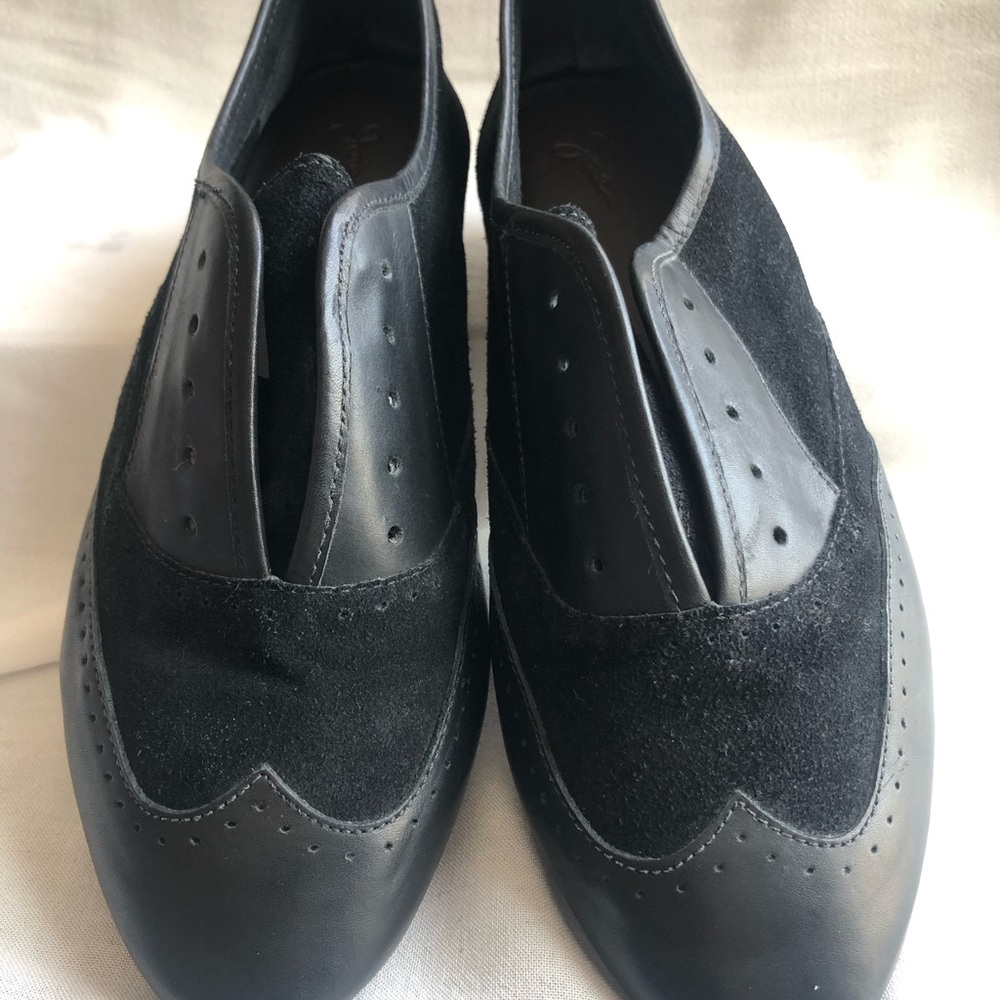 Joie Black Leather and Suede Flats Wingtip Design